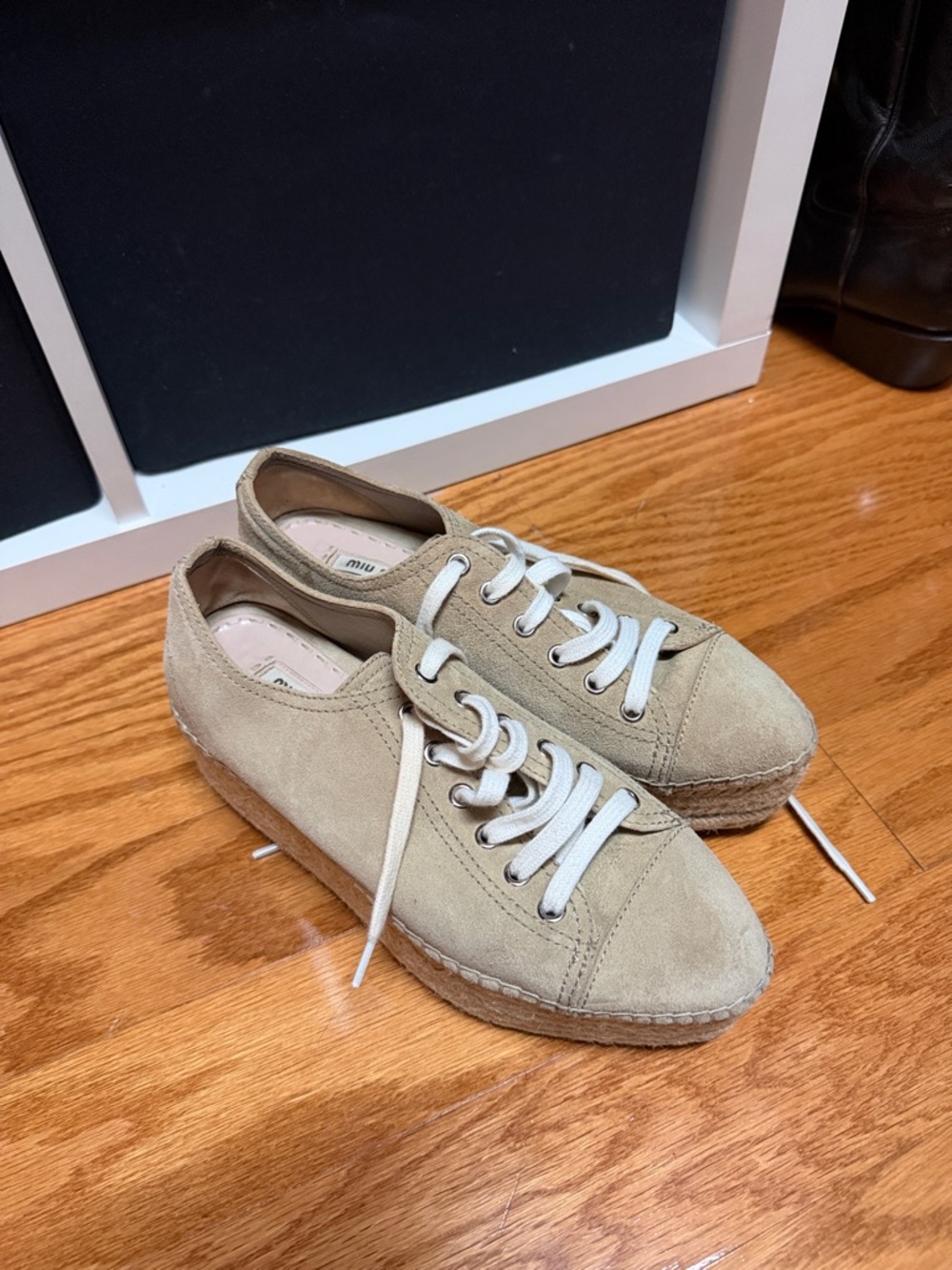 Miu Miu Beige Suede Lace-Up Espadrille Sneakers